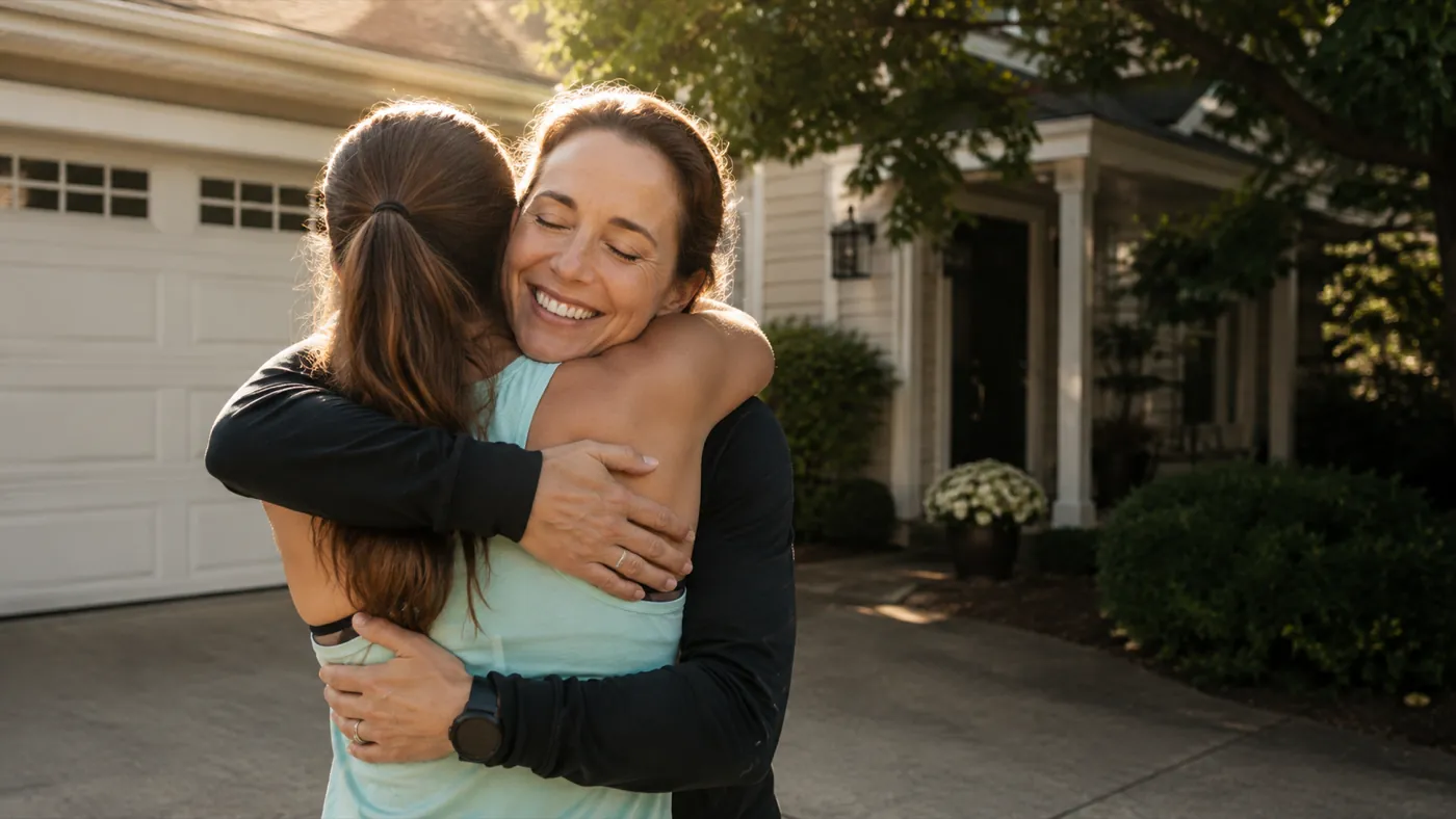 A runner hugging a loved one after arriving home safe