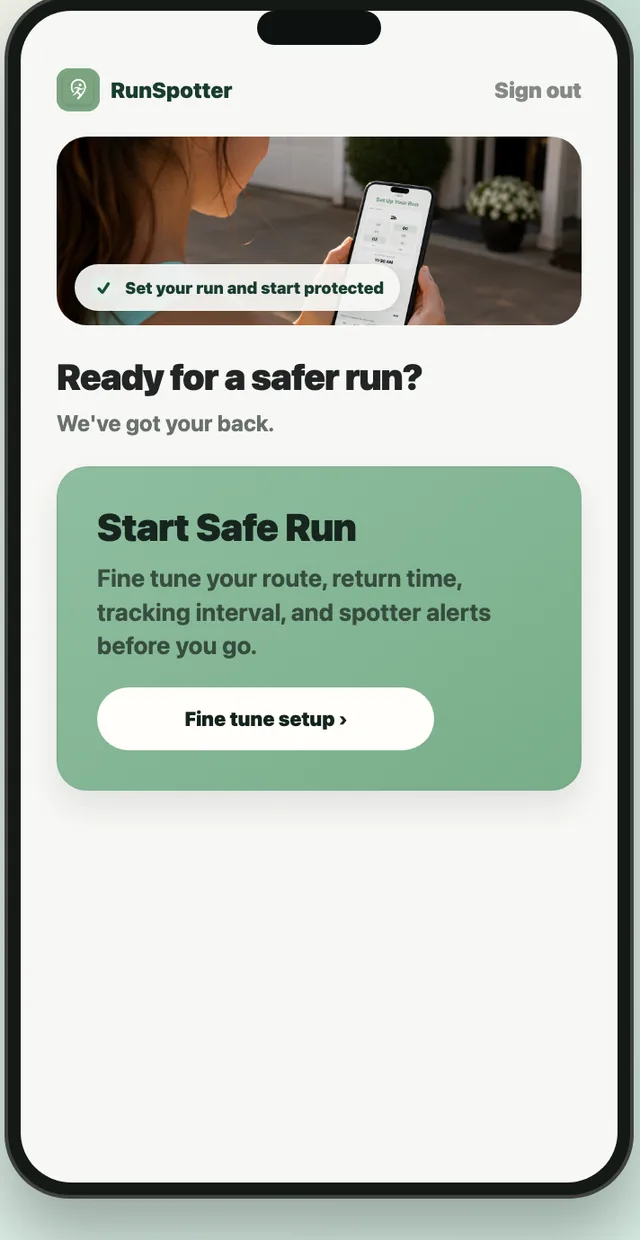 RunSpotter home screen — start a safe run