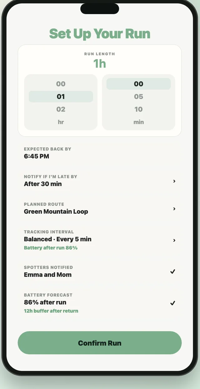 Set Up Your Run screen with run length, expected return, planned route, and battery forecast