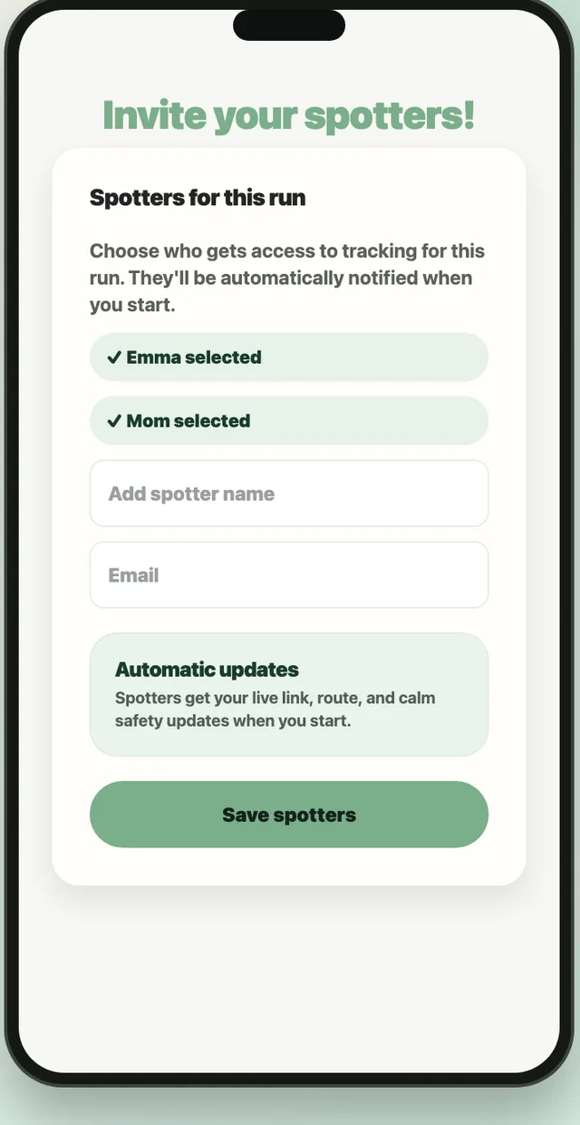 Invite your spotters screen with Emma and Mom selected