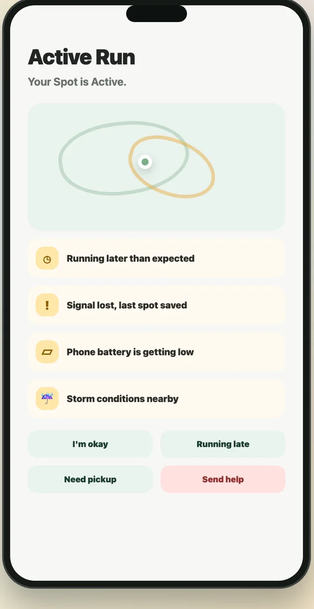 Active run with safety alerts and quick check-ins